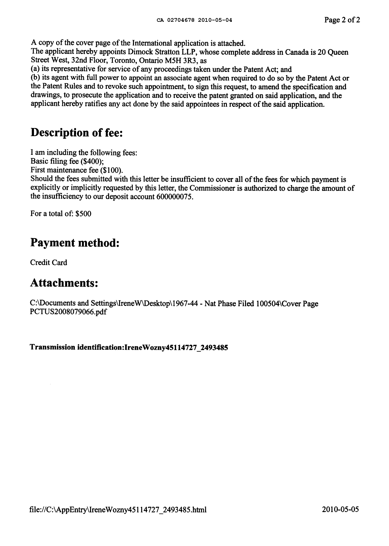 Document de brevet canadien 2704678. Cession 20091204. Image 3 de 3