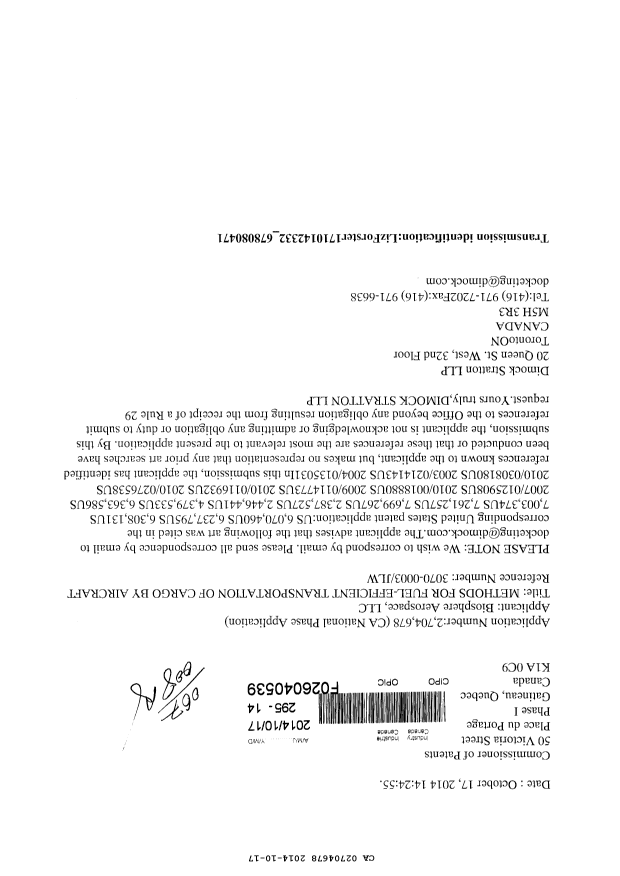 Document de brevet canadien 2704678. Correspondance 20131217. Image 1 de 1
