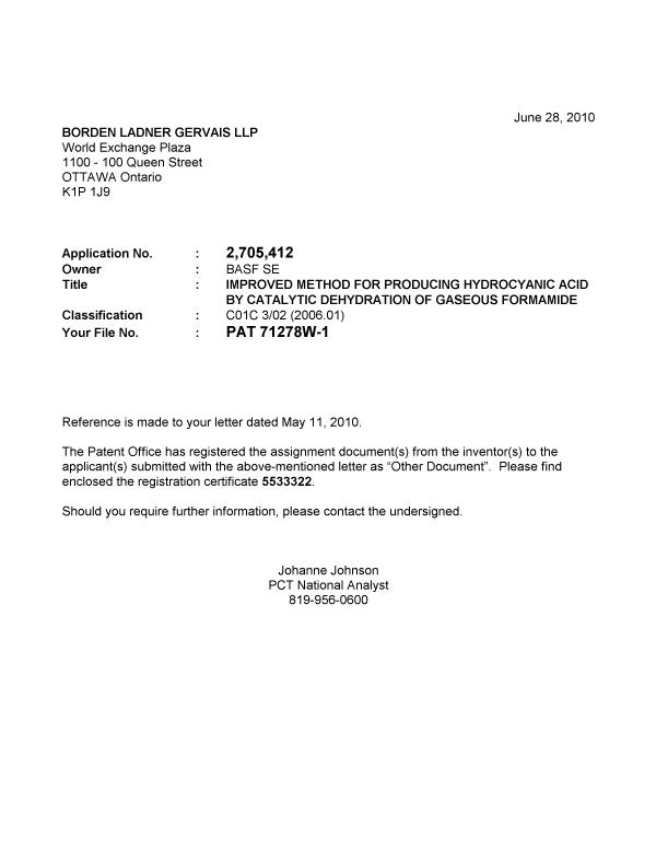 Document de brevet canadien 2705412. Correspondance 20100628. Image 1 de 1