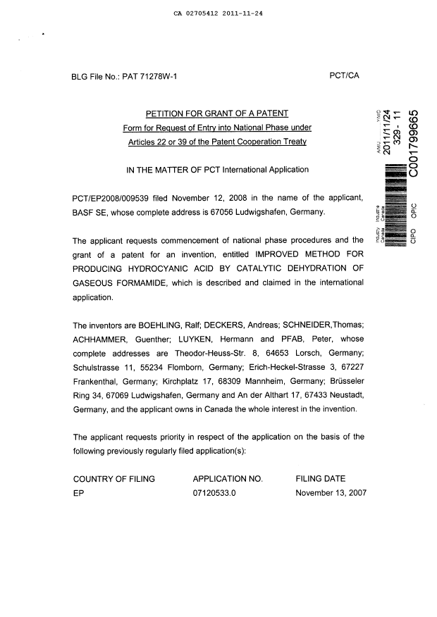 Canadian Patent Document 2705412. Correspondence 20111124. Image 2 of 3