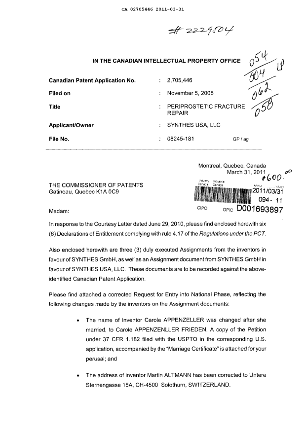 Document de brevet canadien 2705446. Correspondance 20110331. Image 1 de 8