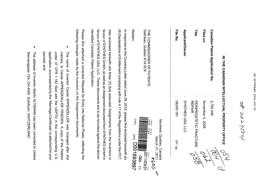 Document de brevet canadien 2705446. Correspondance 20110331. Image 1 de 8
