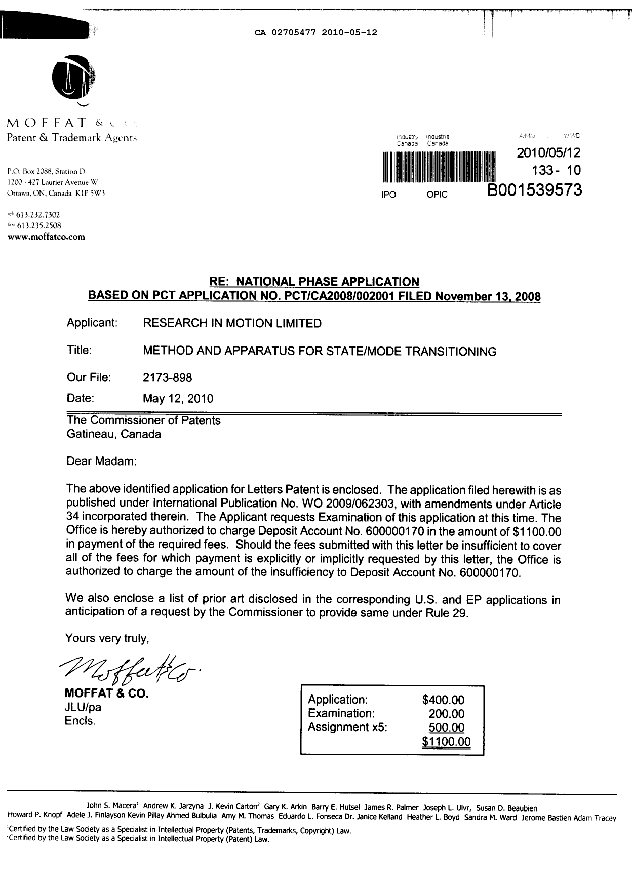 Document de brevet canadien 2705477. Cession 20100512. Image 1 de 15