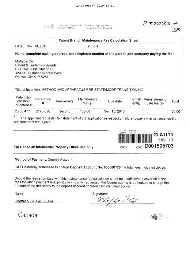 Canadian Patent Document 2705477. Fees 20101110. Image 1 of 1