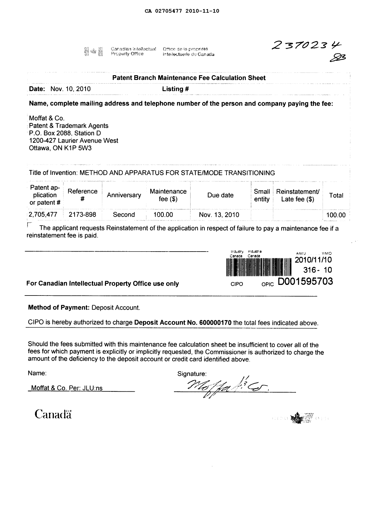 Document de brevet canadien 2705477. Taxes 20101110. Image 1 de 1
