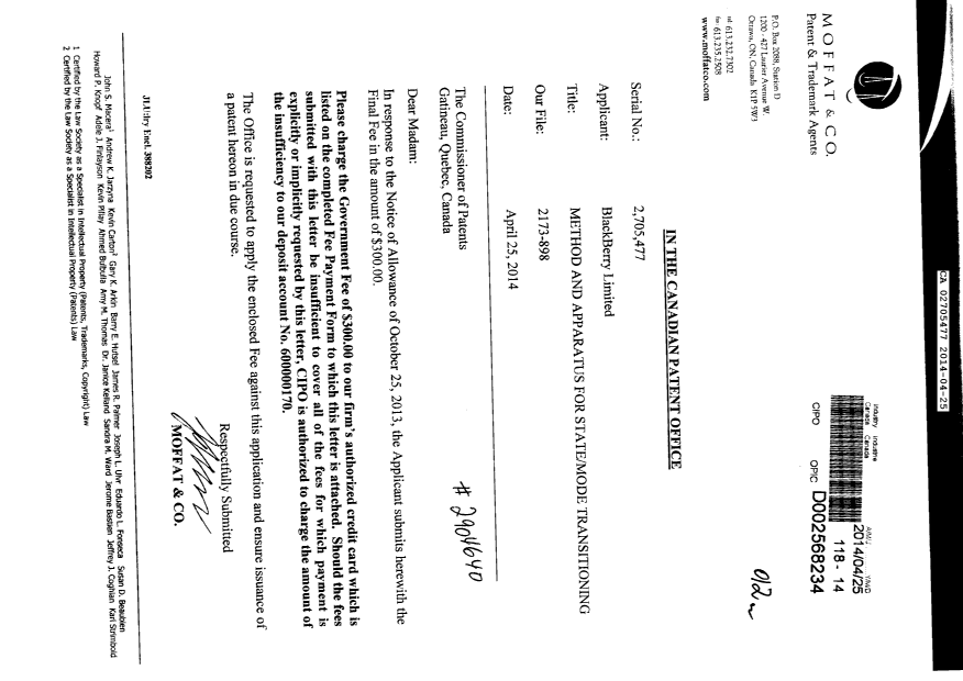 Document de brevet canadien 2705477. Correspondance 20140425. Image 1 de 1