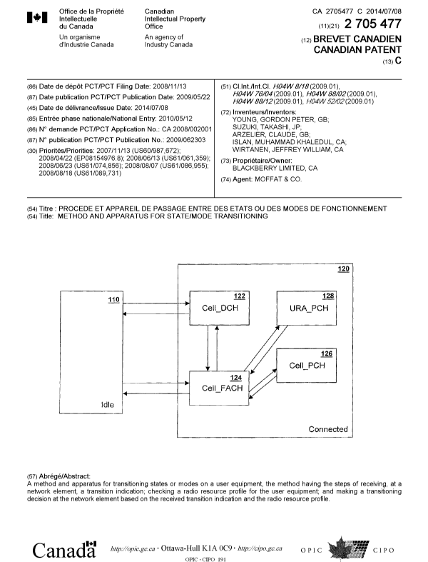 Canadian Patent Document 2705477. Cover Page 20140611. Image 1 of 1