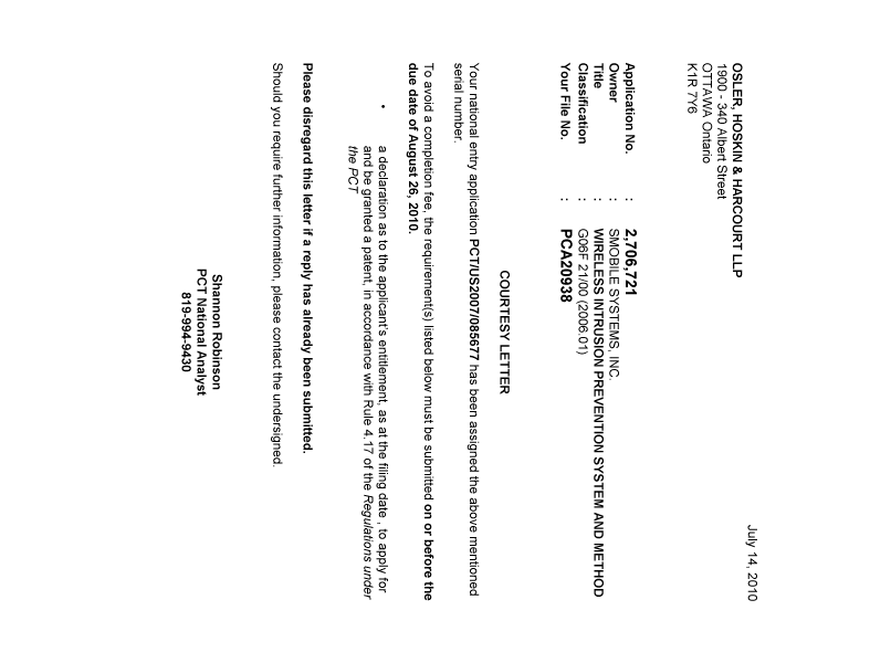 Document de brevet canadien 2706721. Correspondance 20100714. Image 1 de 1