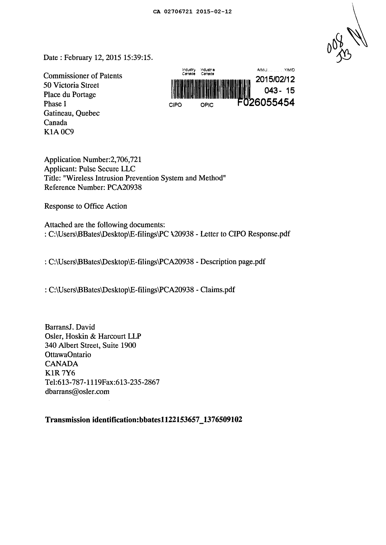Document de brevet canadien 2706721. Poursuite-Amendment 20150212. Image 1 de 8