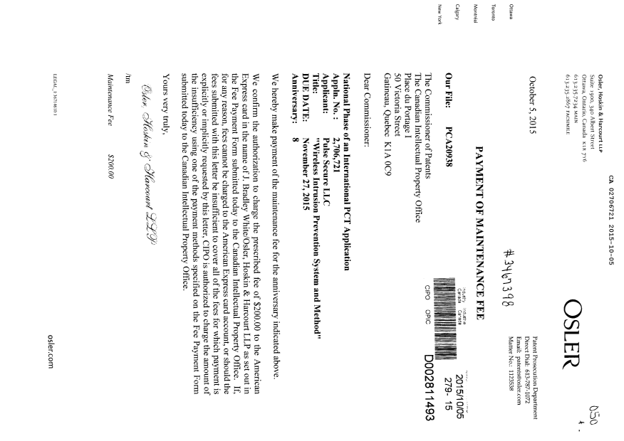 Canadian Patent Document 2706721. Maintenance Fee Payment 20151005. Image 1 of 1