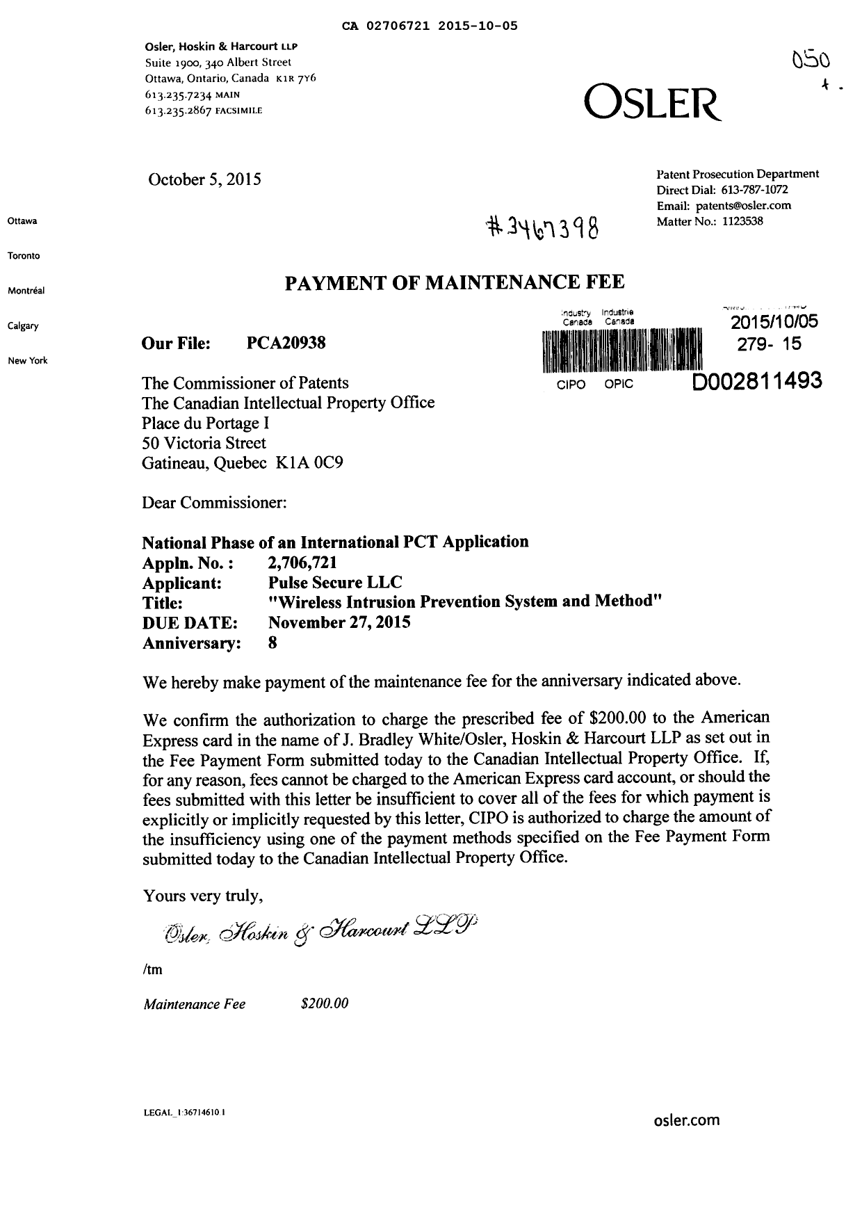 Document de brevet canadien 2706721. Paiement de taxe périodique 20151005. Image 1 de 1
