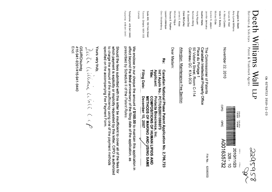 Canadian Patent Document 2706723. Fees 20091223. Image 1 of 1