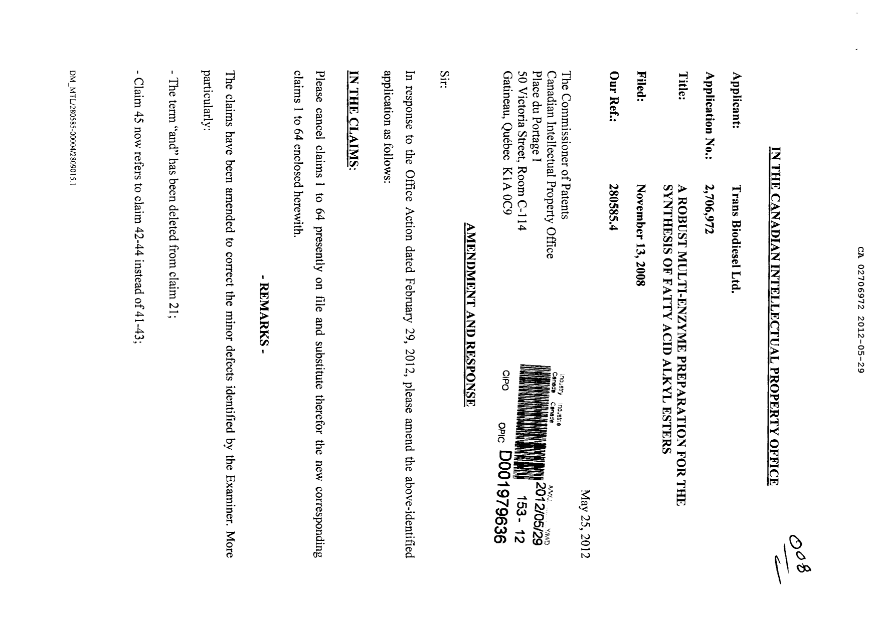 Document de brevet canadien 2706972. Poursuite-Amendment 20120529. Image 1 de 14
