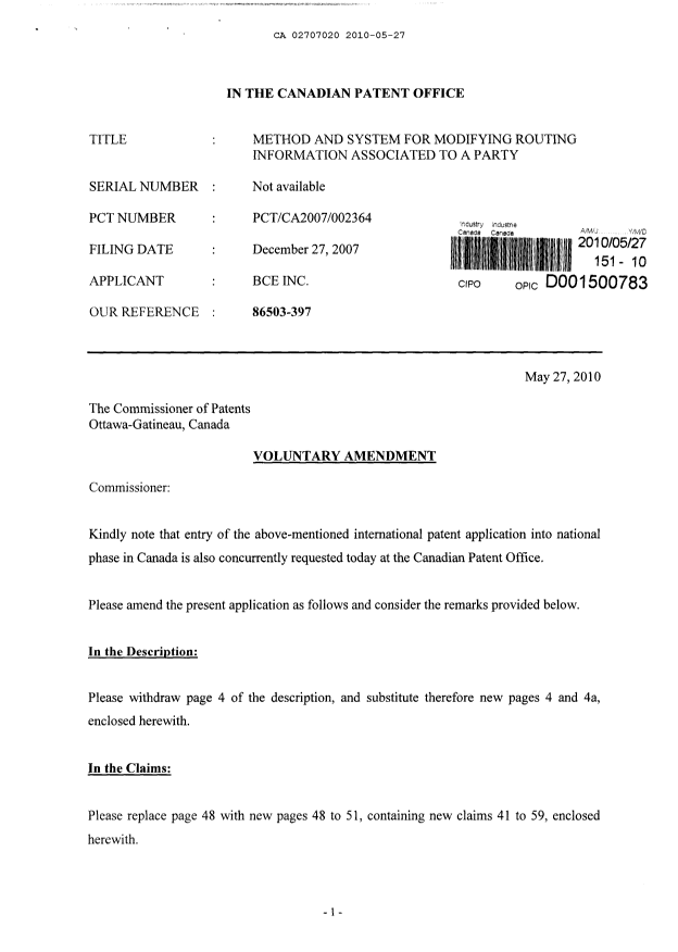 Canadian Patent Document 2707020. Prosecution-Amendment 20100527. Image 1 of 9