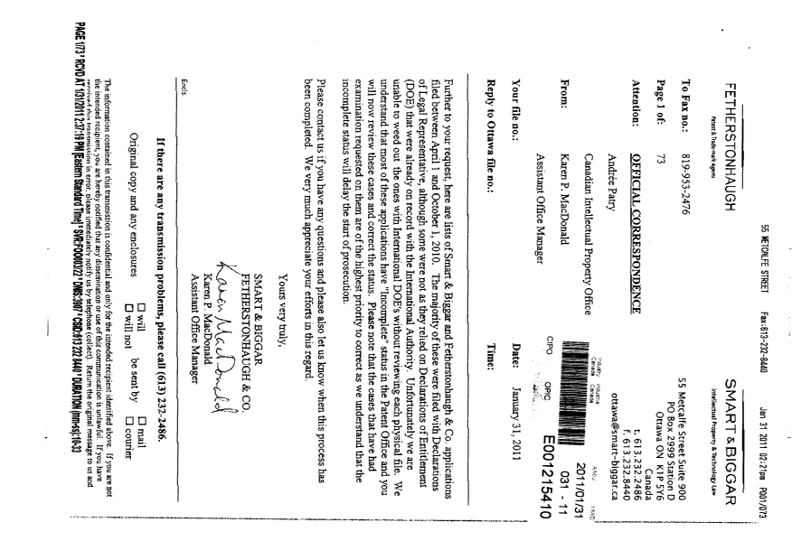 Canadian Patent Document 2707020. Correspondence 20110131. Image 1 of 2