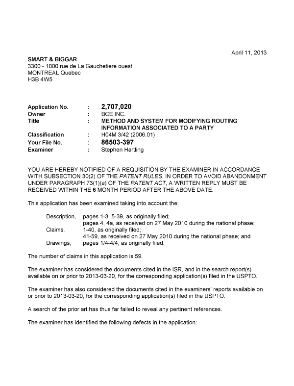Document de brevet canadien 2707020. Poursuite-Amendment 20130411. Image 1 de 2