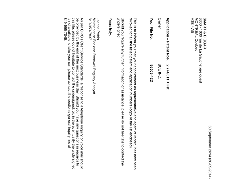 Canadian Patent Document 2707020. Correspondence 20140930. Image 1 of 1