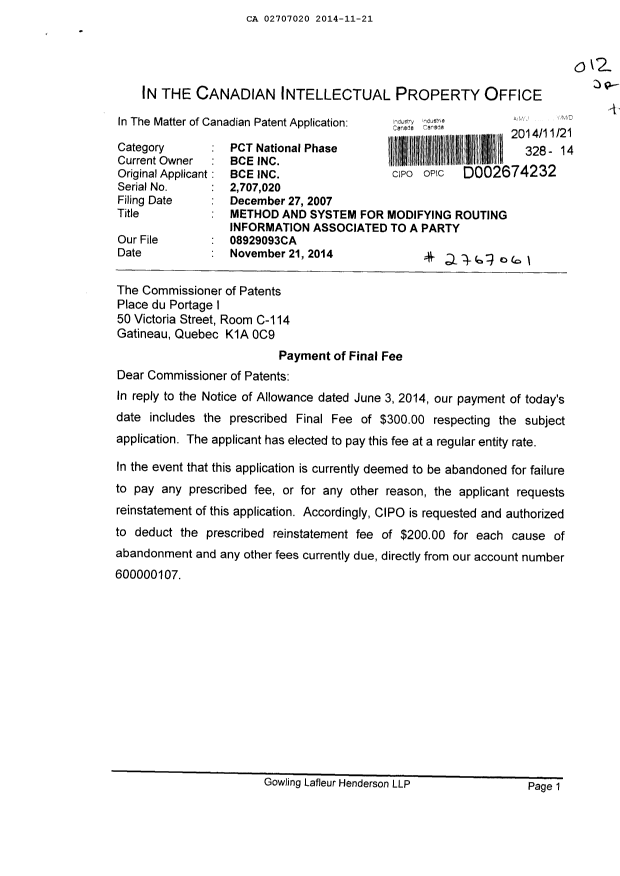 Document de brevet canadien 2707020. Correspondance 20141121. Image 1 de 2