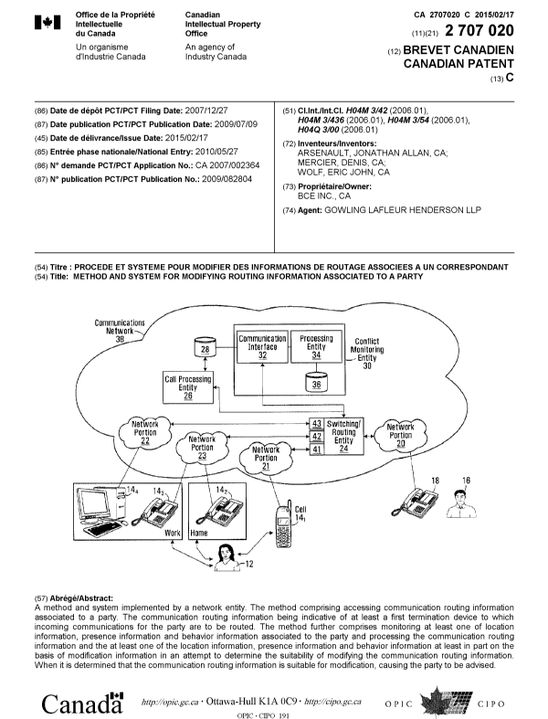Canadian Patent Document 2707020. Cover Page 20150202. Image 1 of 1