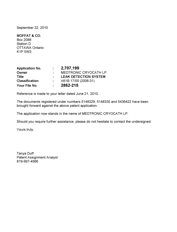 Document de brevet canadien 2707199. Correspondance 20100922. Image 1 de 1