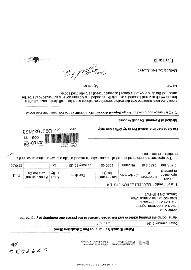 Canadian Patent Document 2707199. Fees 20110105. Image 1 of 1