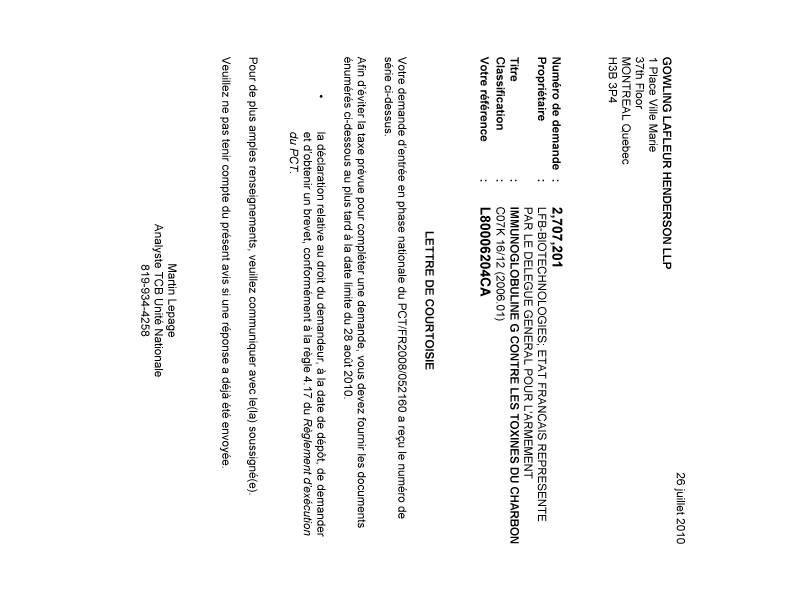 Document de brevet canadien 2707201. Correspondance 20100726. Image 1 de 1