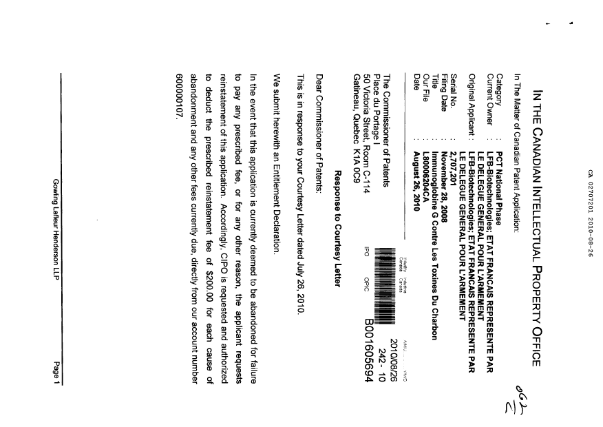 Document de brevet canadien 2707201. Correspondance 20100826. Image 1 de 3