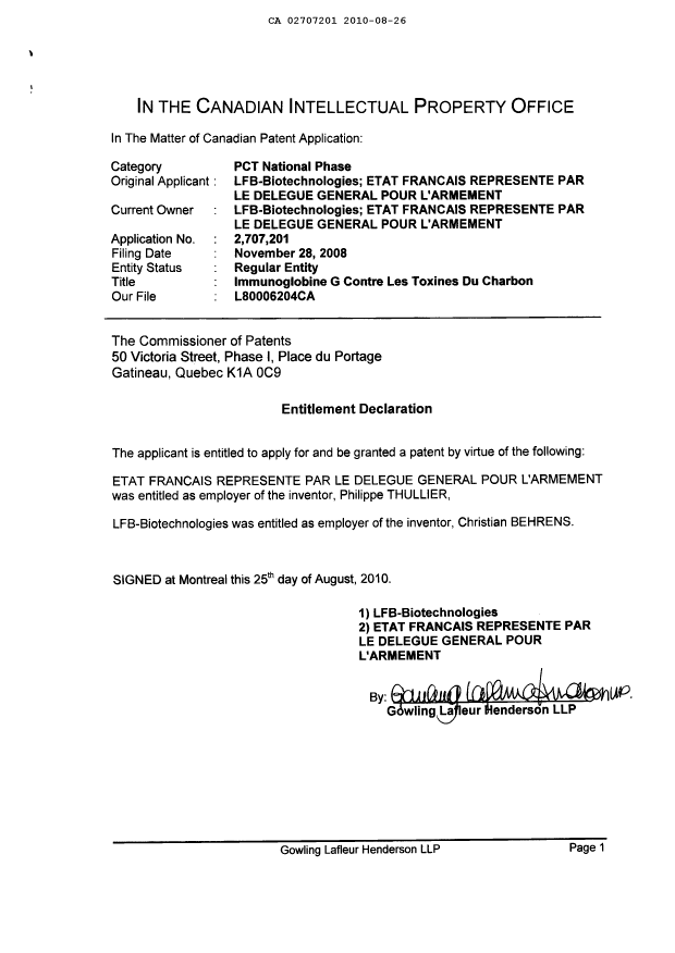 Document de brevet canadien 2707201. Correspondance 20100826. Image 3 de 3