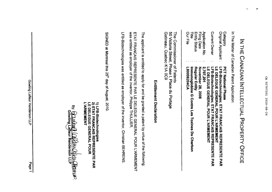Canadian Patent Document 2707201. Correspondence 20100826. Image 3 of 3