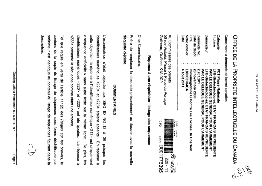Document de brevet canadien 2707201. Poursuite-Amendment 20110804. Image 1 de 2