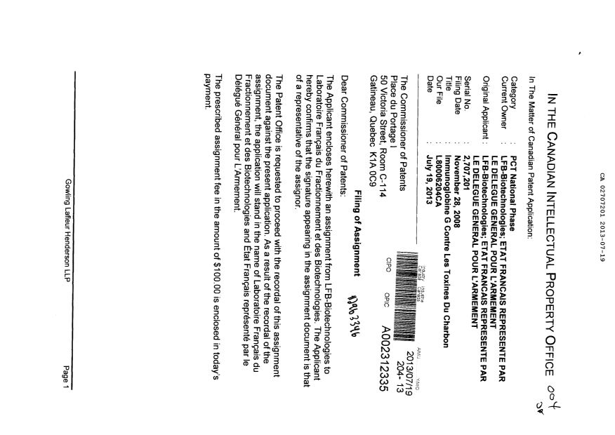 Document de brevet canadien 2707201. Cession 20130719. Image 1 de 6