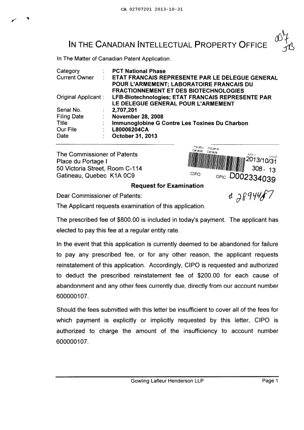 Document de brevet canadien 2707201. Poursuite-Amendment 20131031. Image 1 de 2