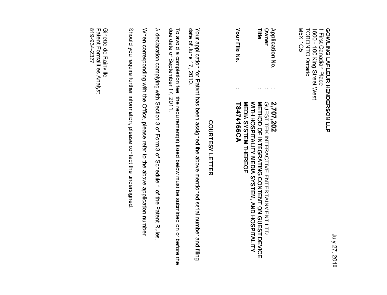 Document de brevet canadien 2707202. Correspondance 20100721. Image 1 de 1
