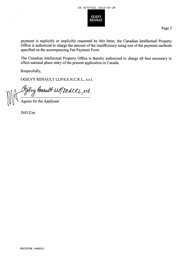 Document de brevet canadien 2707241. Cession 20100528. Image 2 de 13