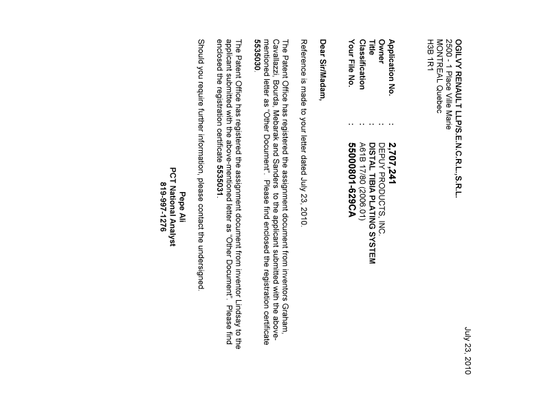 Document de brevet canadien 2707241. Correspondance 20100723. Image 1 de 1