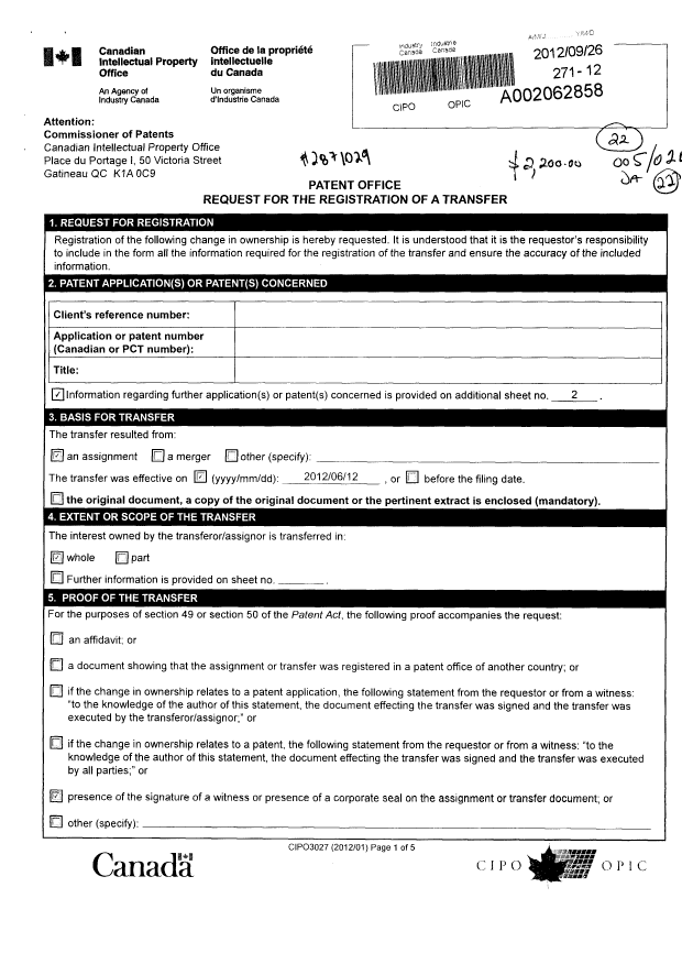 Document de brevet canadien 2707241. Cession 20120926. Image 1 de 34