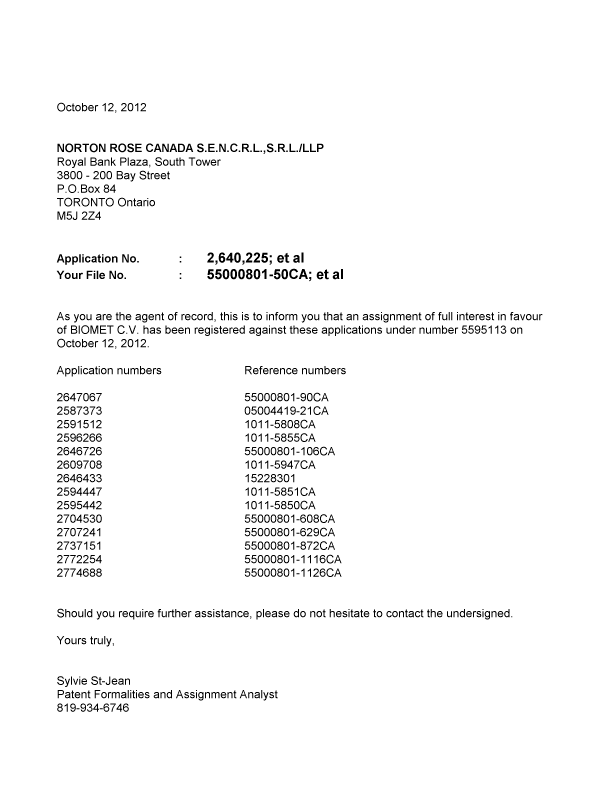 Document de brevet canadien 2707241. Correspondance 20121012. Image 1 de 1