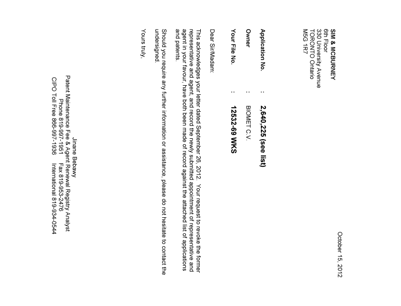 Document de brevet canadien 2707241. Correspondance 20121015. Image 1 de 1