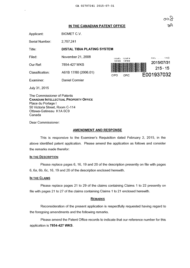Document de brevet canadien 2707241. Modification 20150731. Image 1 de 16