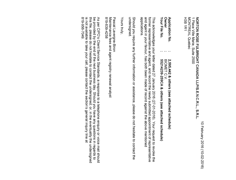 Document de brevet canadien 2707241. Lettre du bureau 20160210. Image 1 de 2