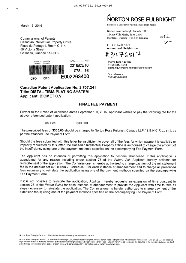 Canadian Patent Document 2707241. Final Fee 20160316. Image 1 of 2