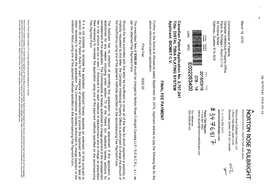 Document de brevet canadien 2707241. Taxe finale 20160316. Image 1 de 2