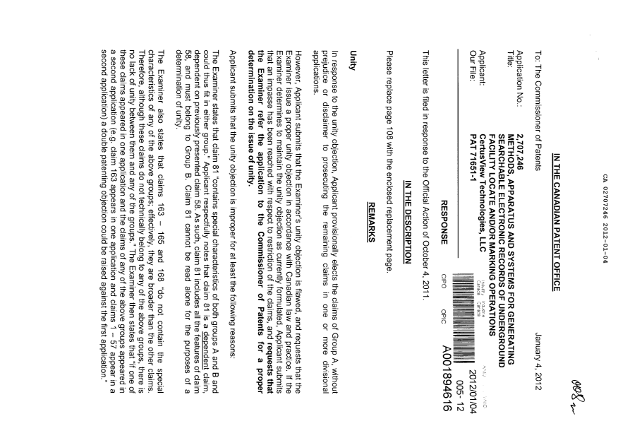 Document de brevet canadien 2707246. Poursuite-Amendment 20120104. Image 1 de 4