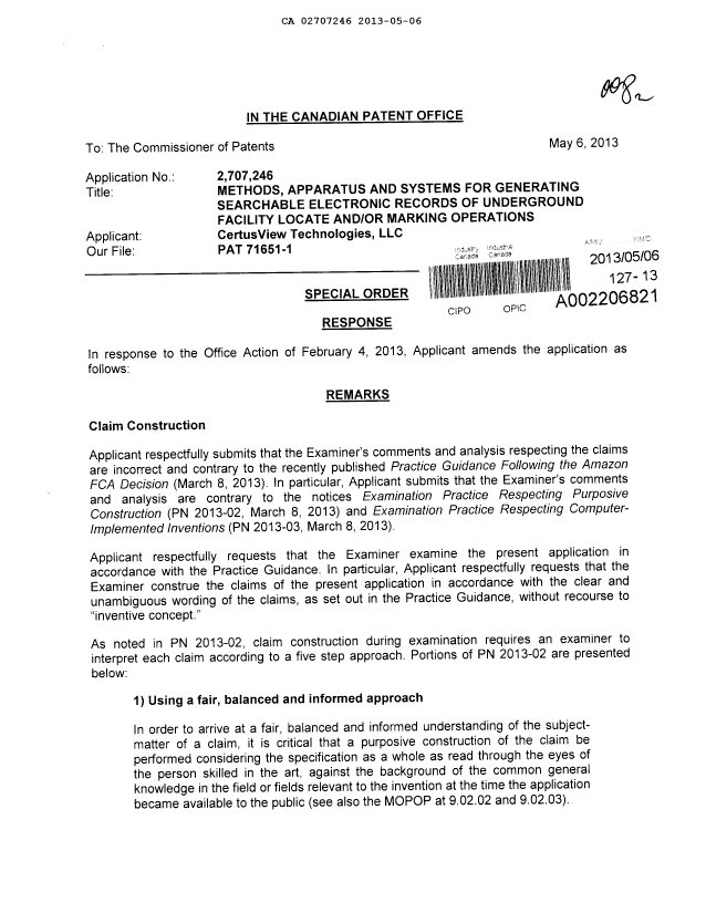 Canadian Patent Document 2707246. Prosecution-Amendment 20130506. Image 1 of 13