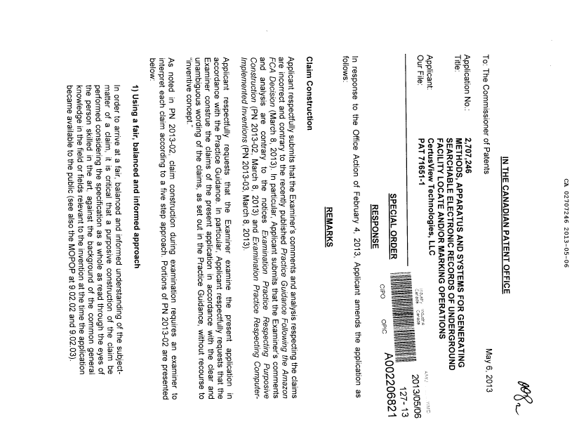 Document de brevet canadien 2707246. Poursuite-Amendment 20130506. Image 1 de 13