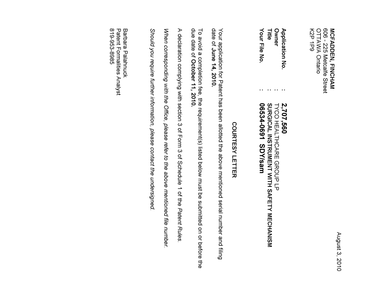 Canadian Patent Document 2707560. Correspondence 20100729. Image 1 of 1