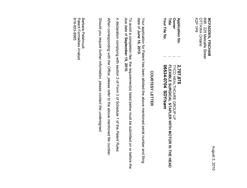 Document de brevet canadien 2707875. Correspondance 20100729. Image 1 de 1