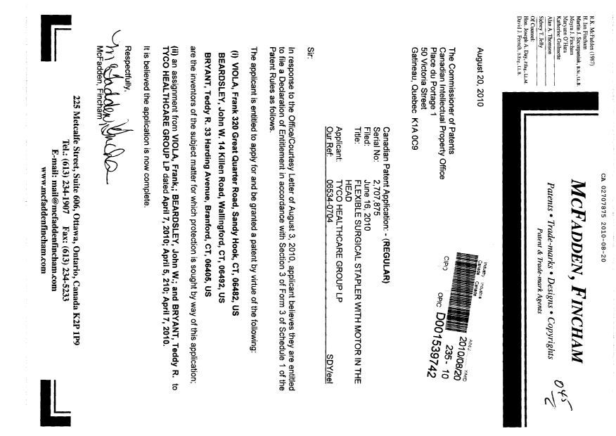 Document de brevet canadien 2707875. Correspondance 20100820. Image 1 de 1