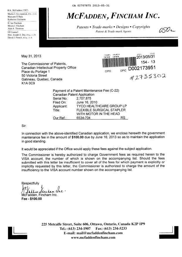 Document de brevet canadien 2707875. Taxes 20130531. Image 1 de 1