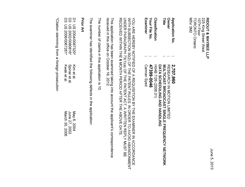Document de brevet canadien 2707960. Poursuite-Amendment 20130605. Image 1 de 5